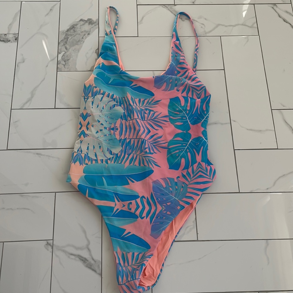 Pink and blue tropical floral one piece